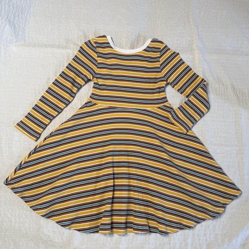 Vignette Girls 3T Flowy Swing Striped Skater Dress Long Sleeve Mustard Boho NWT